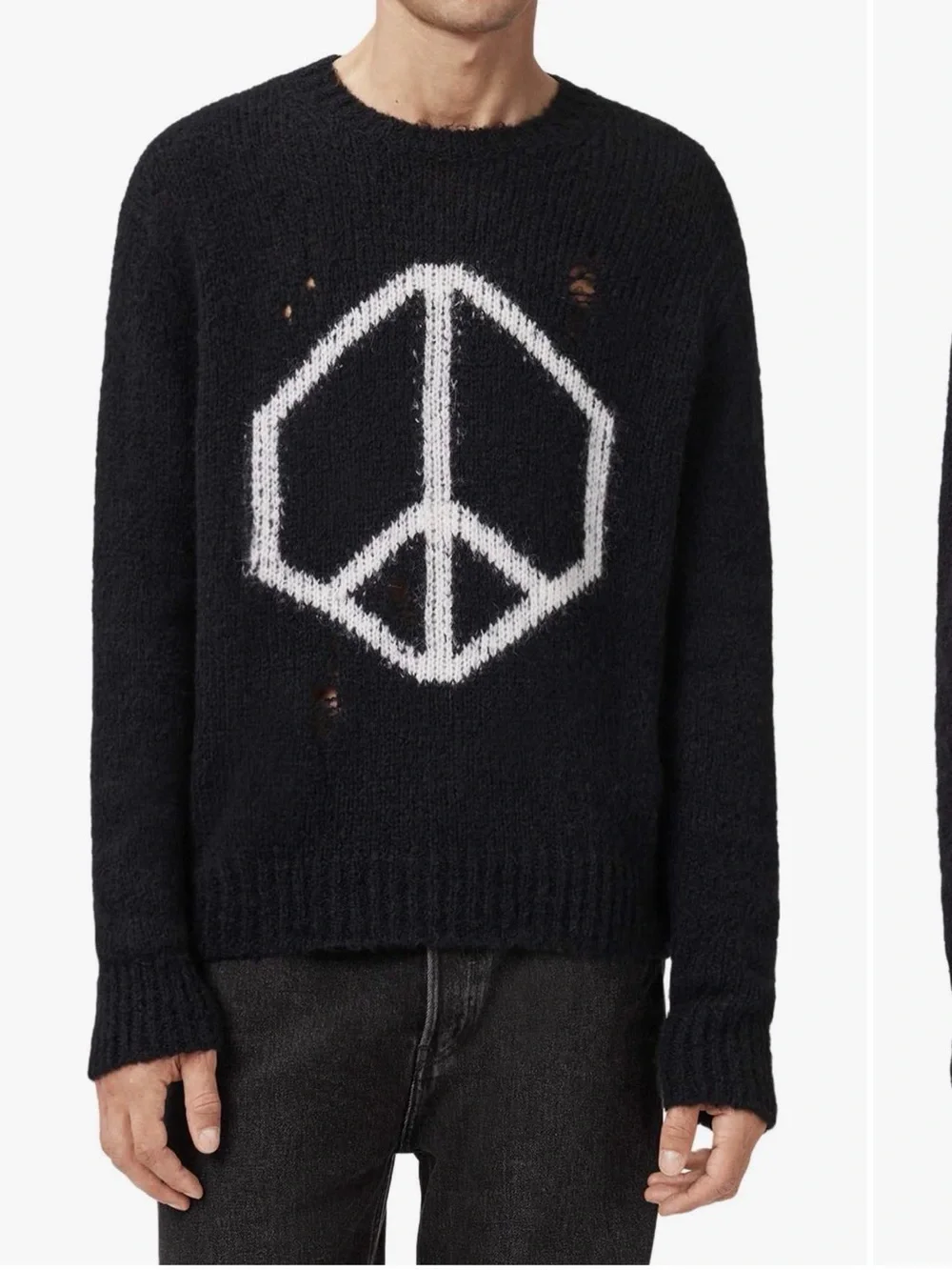 AllSaints Black Crewneck Sweater with White Peace Motif